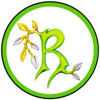 Logo: Goldschmiedemeisterin Ruth Uhl (stilisiertes grünes R auf weißem Grund, mit gelber Ranke am linken oberen Rand des Buchstabens)